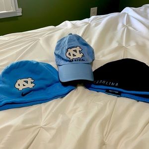 UNC Trio of hats. One ball cap, and two beanies.